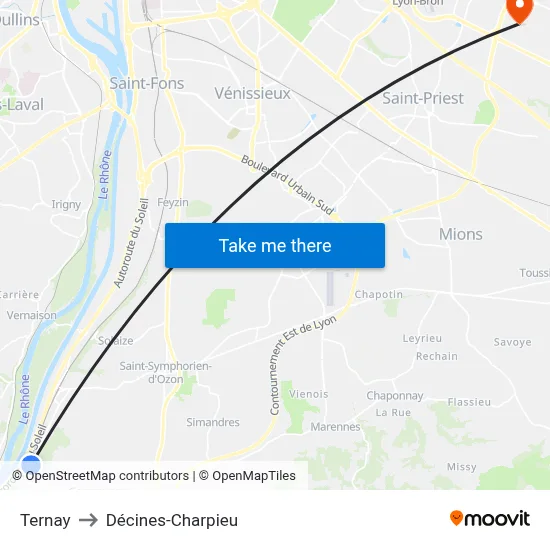 Ternay to Décines-Charpieu map