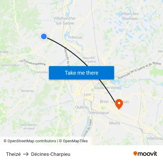 Theizé to Décines-Charpieu map