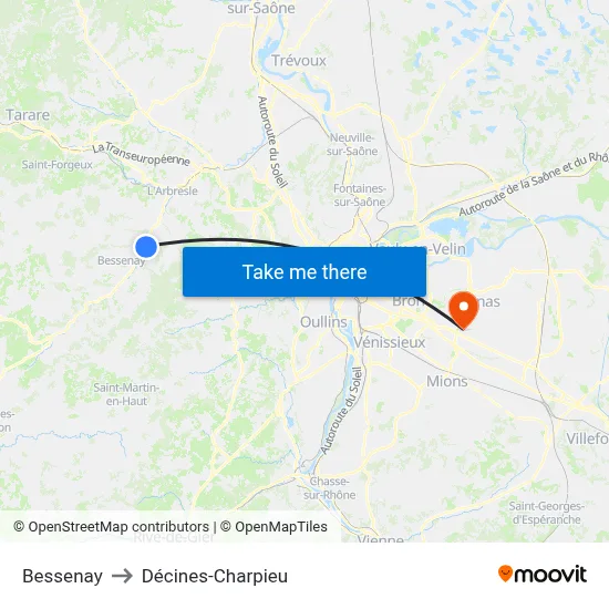 Bessenay to Décines-Charpieu map