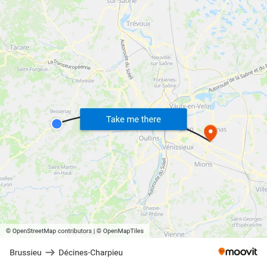 Brussieu to Décines-Charpieu map