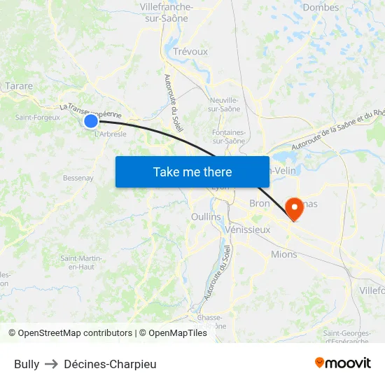 Bully to Décines-Charpieu map