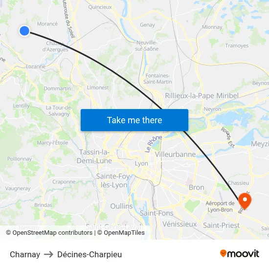 Charnay to Décines-Charpieu map