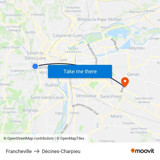Francheville to Décines-Charpieu map