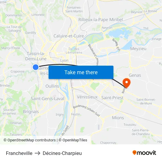Francheville to Décines-Charpieu map