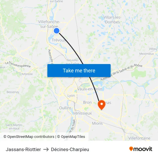 Jassans-Riottier to Décines-Charpieu map