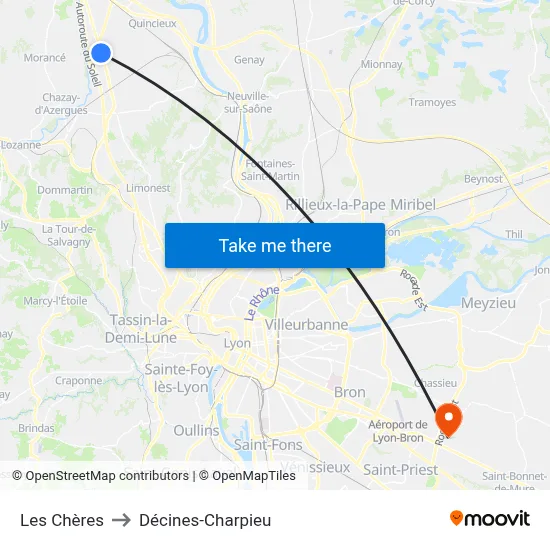 Les Chères to Décines-Charpieu map