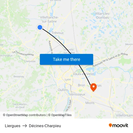 Liergues to Décines-Charpieu map
