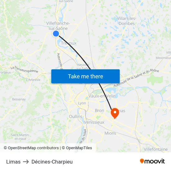 Limas to Décines-Charpieu map