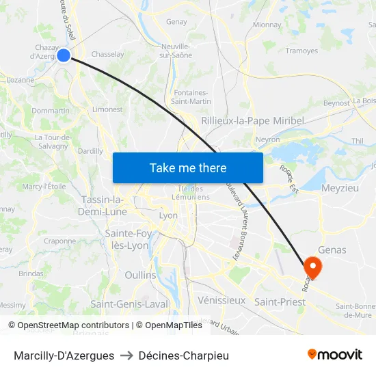 Marcilly-D'Azergues to Décines-Charpieu map