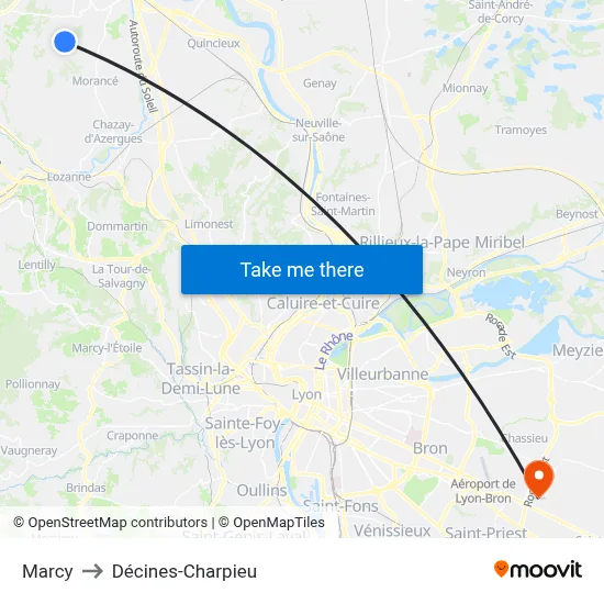 Marcy to Décines-Charpieu map