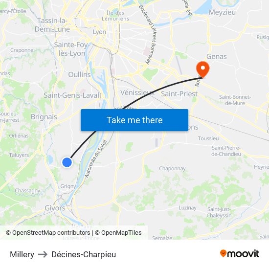 Millery to Décines-Charpieu map