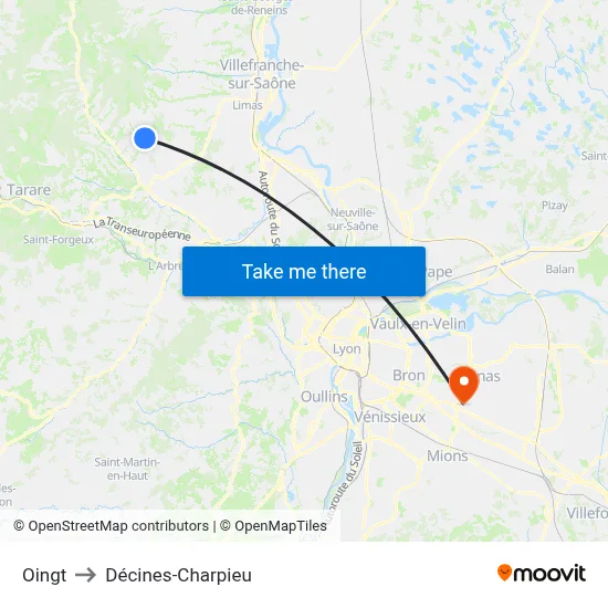 Oingt to Décines-Charpieu map