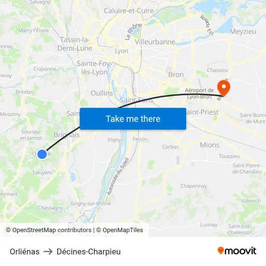 Orliénas to Décines-Charpieu map