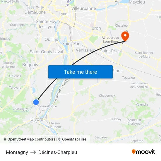 Montagny to Décines-Charpieu map