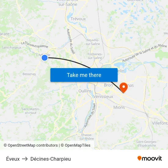 Éveux to Décines-Charpieu map