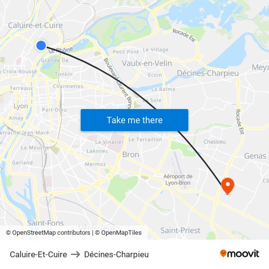 Caluire-Et-Cuire to Décines-Charpieu map