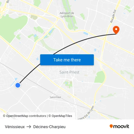 Vénissieux to Décines-Charpieu map
