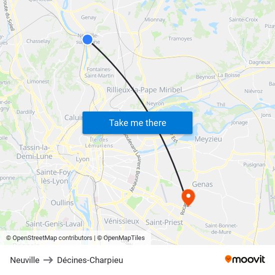 Neuville to Décines-Charpieu map