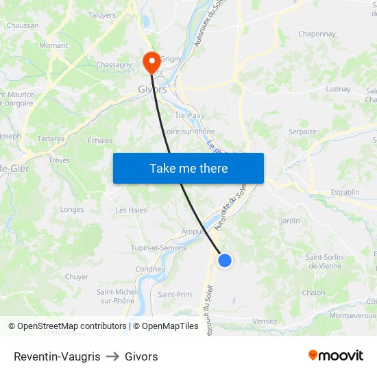 Reventin-Vaugris to Givors map