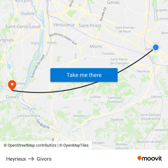 Heyrieux to Givors map