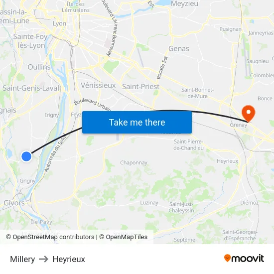 Millery to Heyrieux map