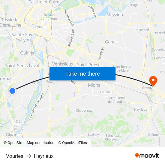 Vourles to Heyrieux map