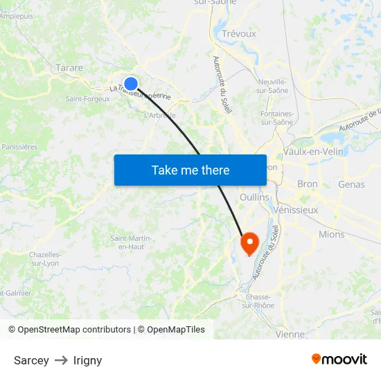 Sarcey to Irigny map