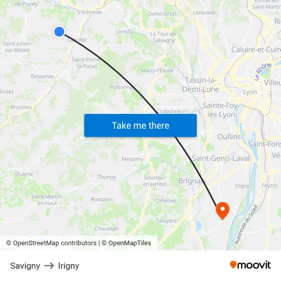 Savigny to Irigny map