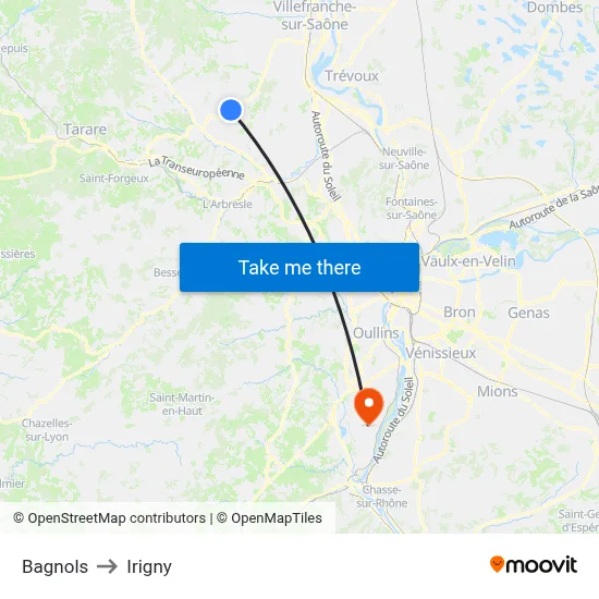 Bagnols to Irigny map