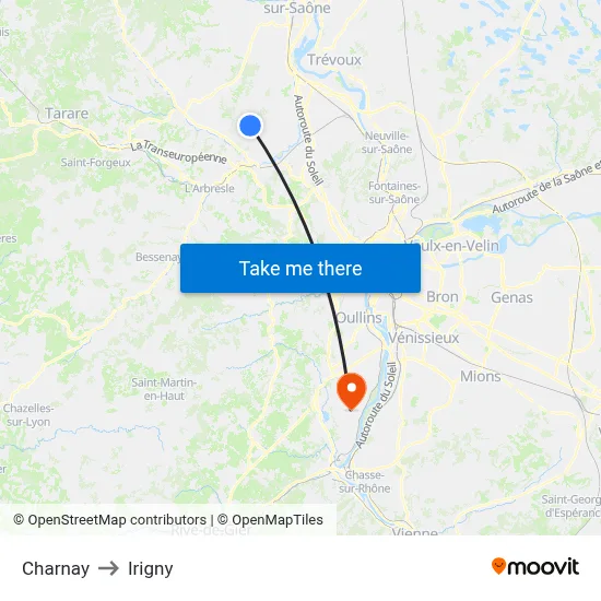 Charnay to Irigny map