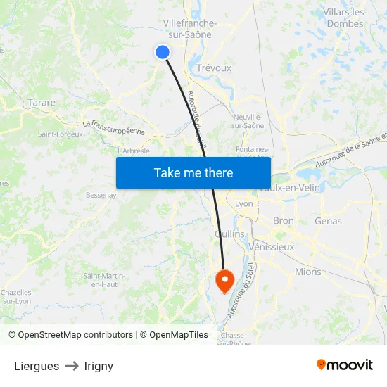 Liergues to Irigny map