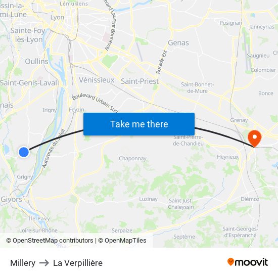 Millery to La Verpillière map