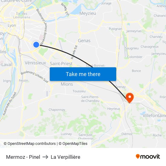 Mermoz - Pinel to La Verpillière map