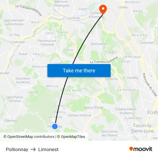 Pollionnay to Limonest map