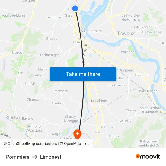 Pommiers to Limonest map