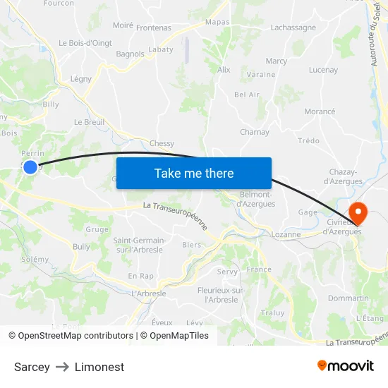 Sarcey to Limonest map