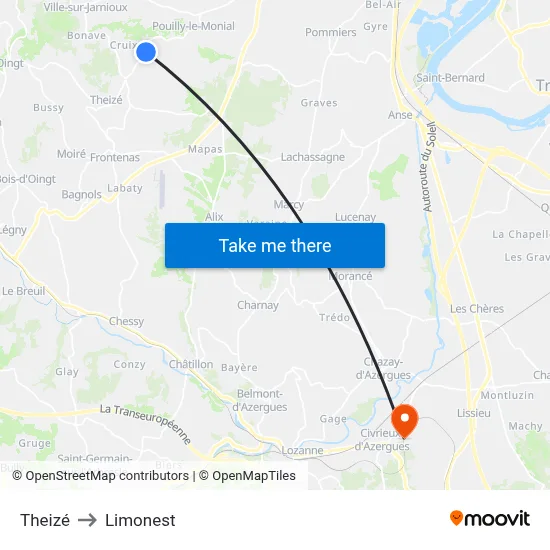 Theizé to Limonest map