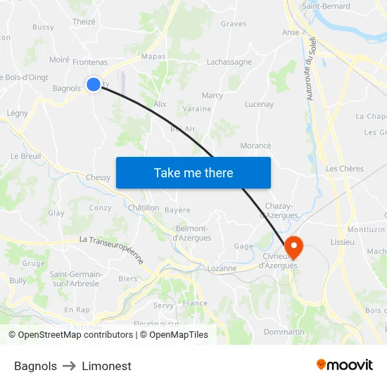 Bagnols to Limonest map