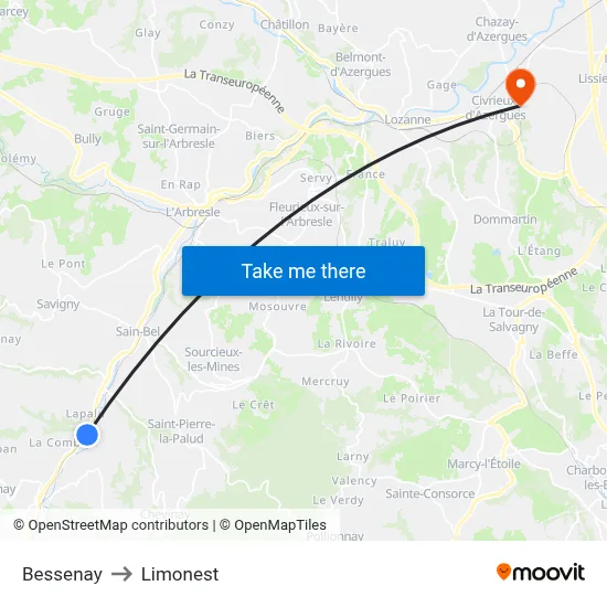 Bessenay to Limonest map