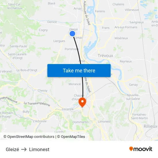 Gleizé to Limonest map