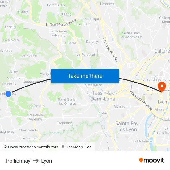 Pollionnay to Lyon map