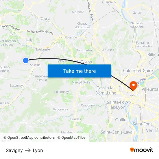 Savigny to Lyon map