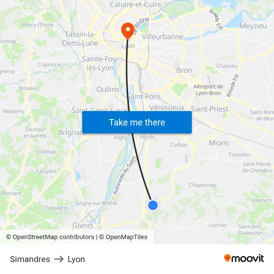 Simandres to Lyon map