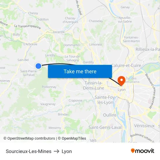 Sourcieux-Les-Mines to Lyon map