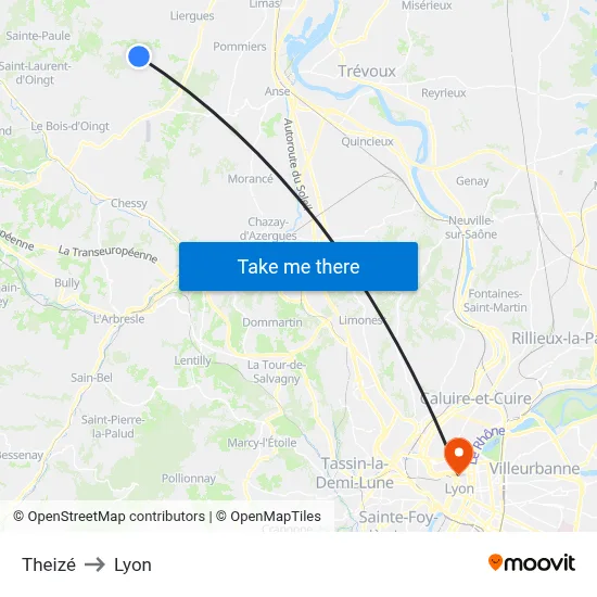 Theizé to Lyon map