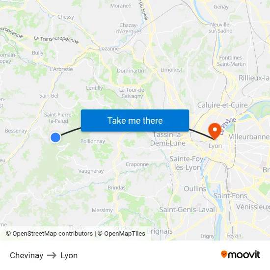 Chevinay to Lyon map