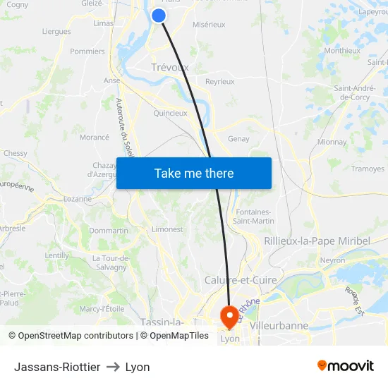 Jassans-Riottier to Lyon map