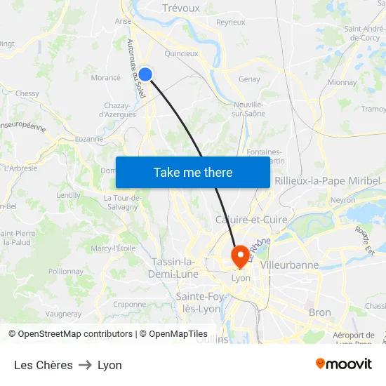 Les Chères to Lyon map