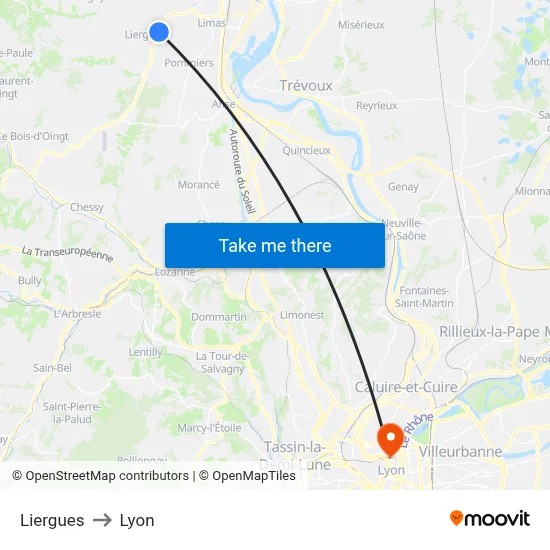 Liergues to Lyon map