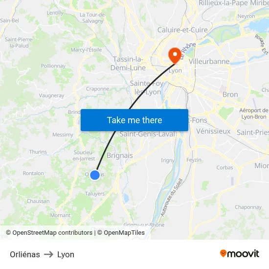 Orliénas to Lyon map